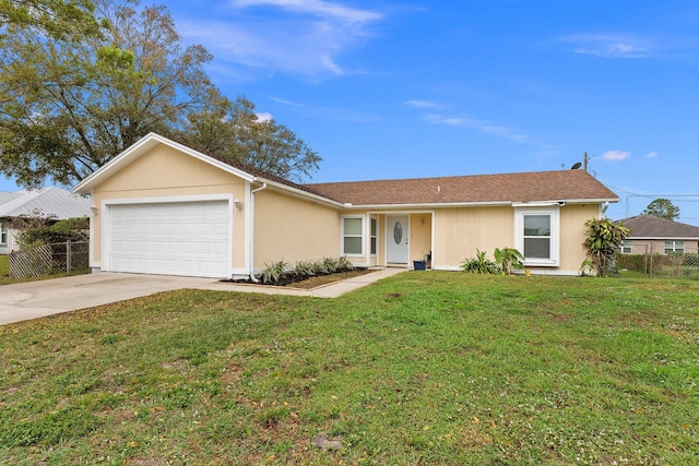 single story home with a garage and a front yard