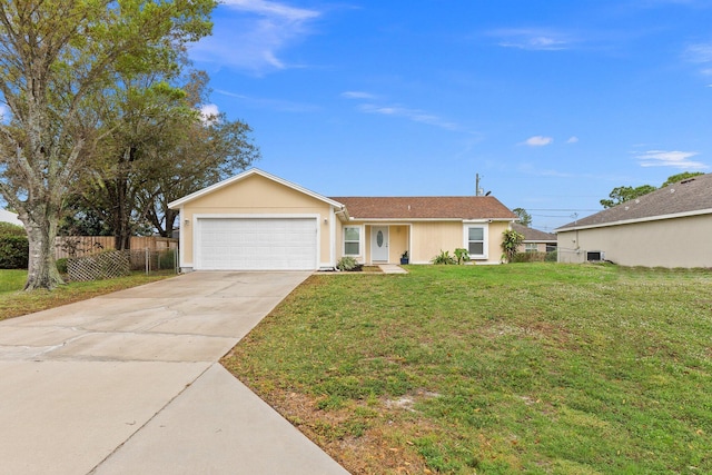 ranch-style home with a garage and a front lawn