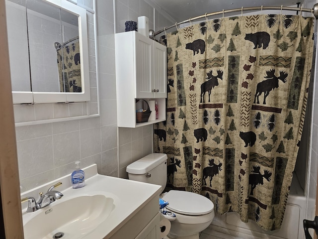 bathroom with tile walls, backsplash, toilet, vanity, and a shower with curtain