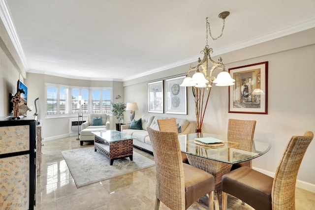 dining space with ornamental molding and an inviting chandelier