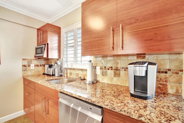 kitchen with crown molding, sink, backsplash, light stone countertops, and stainless steel appliances