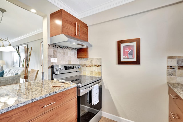 kitchen with decorative backsplash, light stone counters, crown molding, and stainless steel electric range