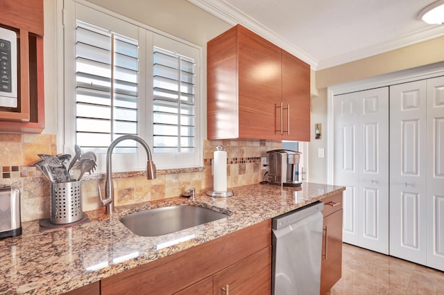 kitchen with dishwasher, sink, light stone counters, ornamental molding, and decorative backsplash