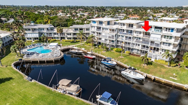 drone / aerial view with a water view