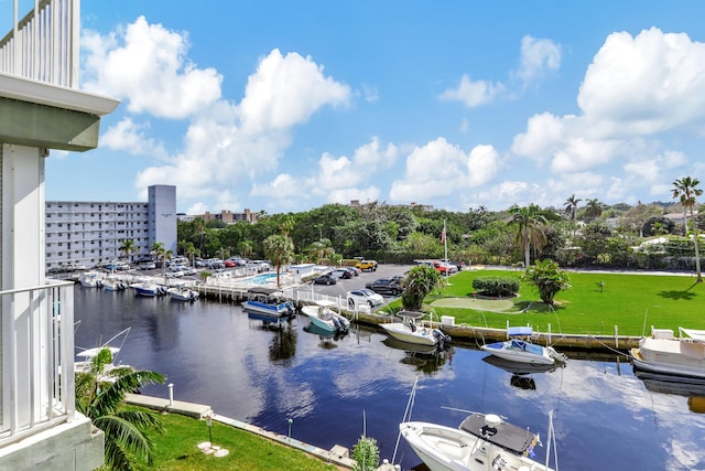 property view of water featuring a boat dock