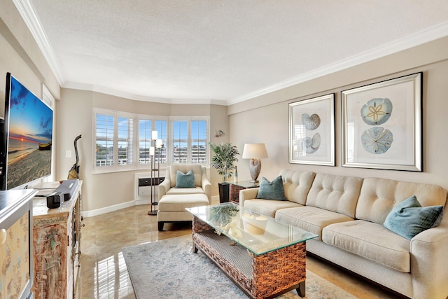 living room with a textured ceiling and ornamental molding