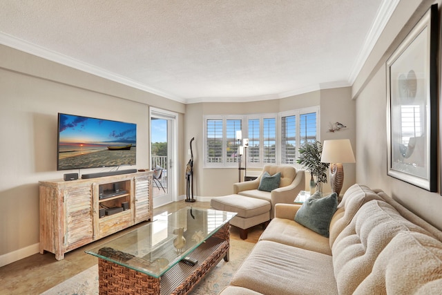 living room featuring a textured ceiling and crown molding