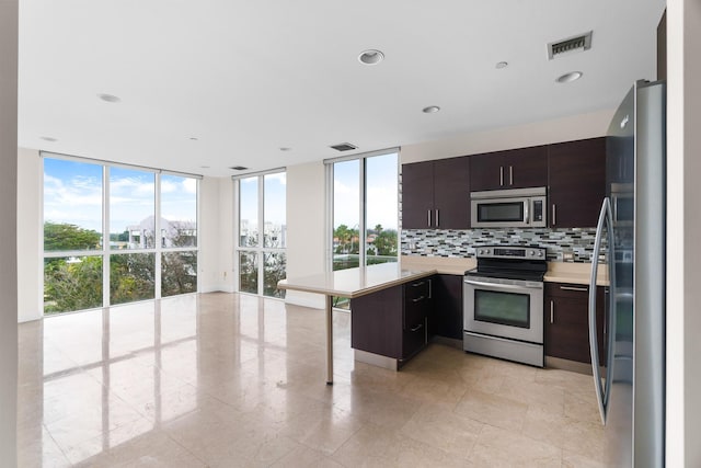 kitchen with tasteful backsplash, dark brown cabinets, a wall of windows, and appliances with stainless steel finishes