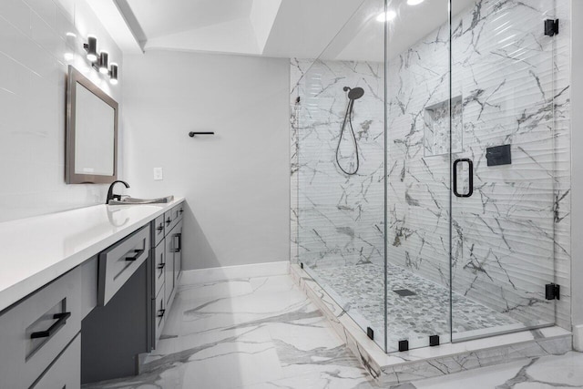 51 Woods Ln, Boynton Beach, FL 33436 - full bathroom featuring vanity, marble finish floors, a marble finish shower, and baseboards