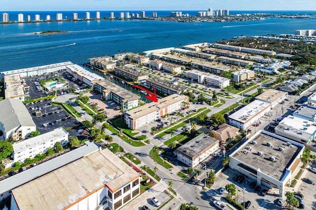 drone / aerial view with a water view