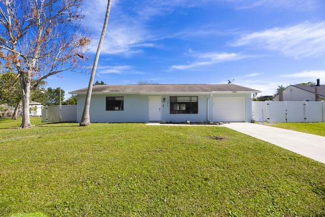 ranch-style house featuring a garage, concrete driveway, a gate, a front lawn, and stucco siding