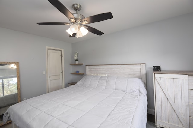 bedroom with ceiling fan and a closet