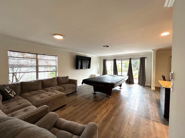 rec room with billiards, ornamental molding, and hardwood / wood-style floors