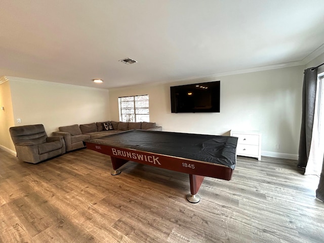 rec room featuring crown molding, pool table, and wood-type flooring