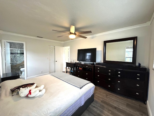 bedroom with ceiling fan, ornamental molding, ensuite bath, and a textured ceiling