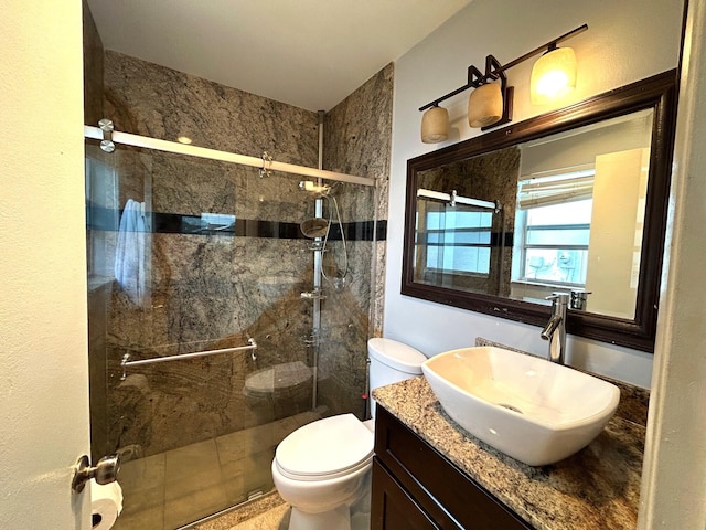 bathroom with vanity, walk in shower, and toilet