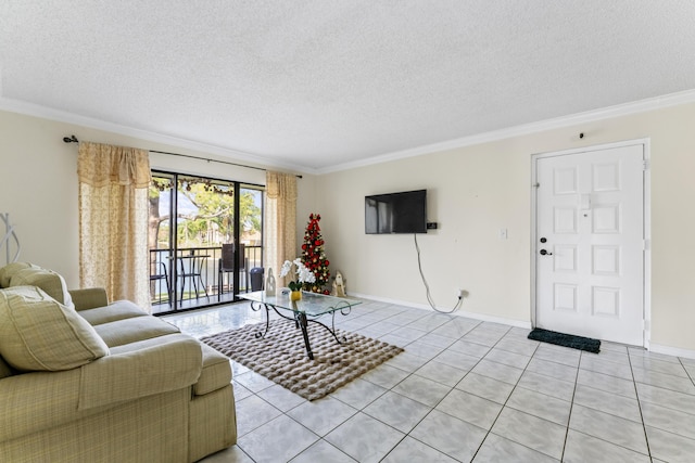 tiled living room featuring a textured ceiling and ornamental molding