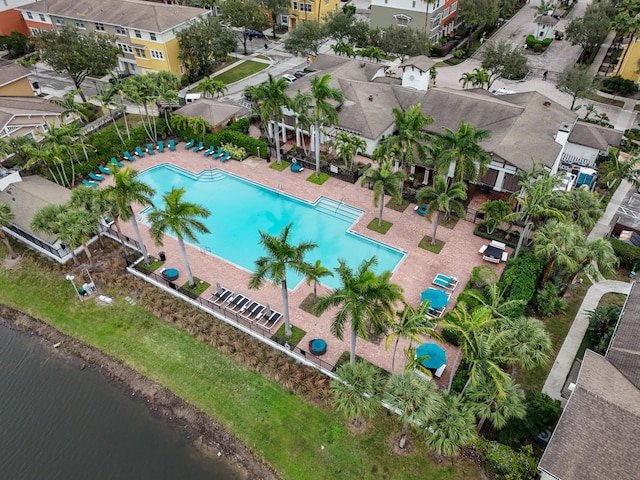 drone / aerial view featuring a water view