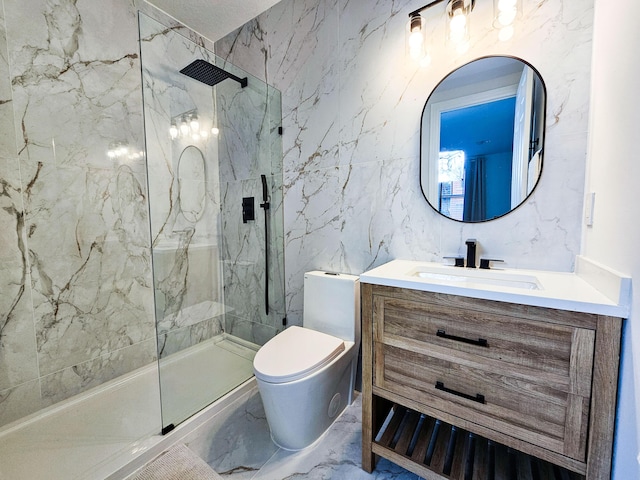 bathroom with tiled shower, toilet, and vanity