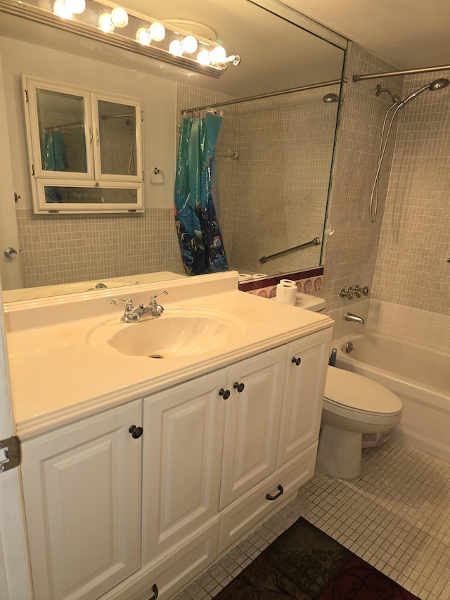 full bathroom with toilet, shower / tub combo, tile patterned floors, and vanity