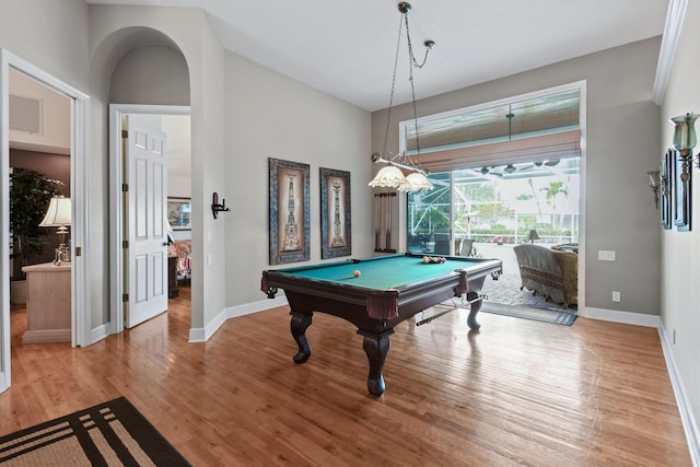 game room featuring pool table, visible vents, light wood-style flooring, and baseboards