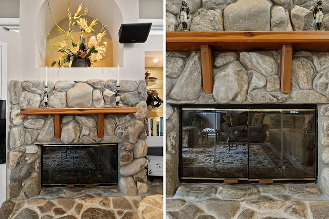 room details featuring a stone fireplace