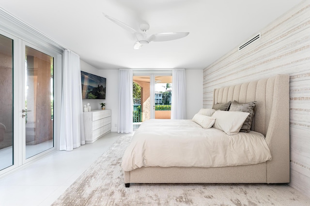 bedroom featuring access to exterior and ceiling fan