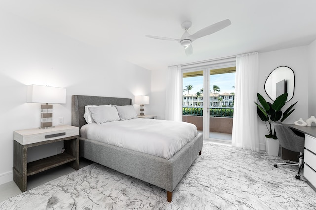 bedroom featuring access to outside and ceiling fan