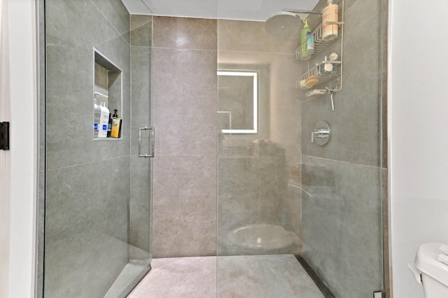 bathroom featuring a shower with shower door and toilet