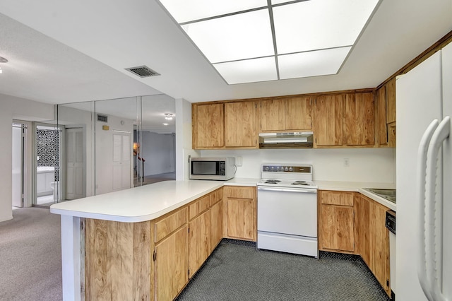 kitchen featuring dark carpet, white appliances, and kitchen peninsula