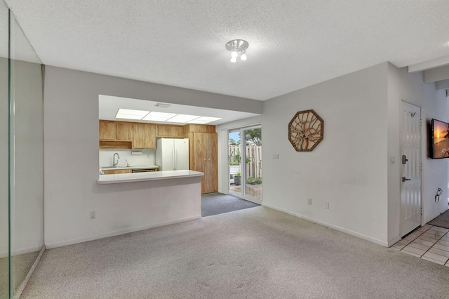 unfurnished living room with sink, light colored carpet, a textured ceiling, and a skylight