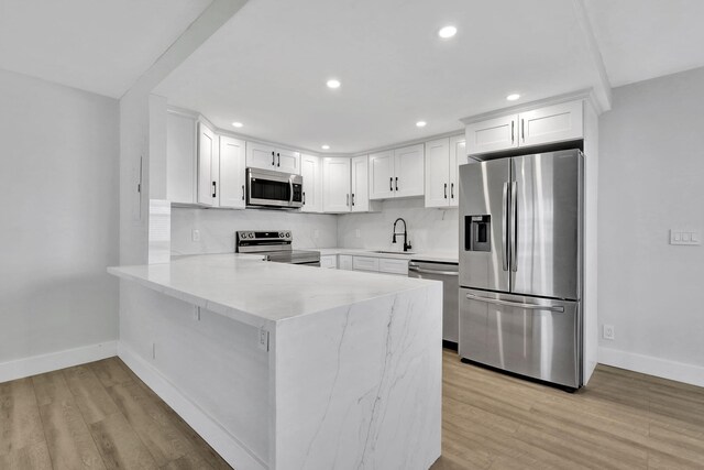 kitchen with light hardwood / wood-style flooring, stainless steel appliances, white cabinets, decorative backsplash, and kitchen peninsula