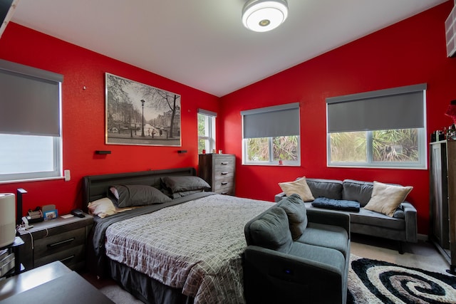 bedroom with lofted ceiling and carpet floors