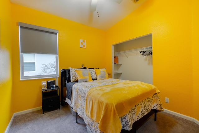 carpeted bedroom featuring ceiling fan and baseboards