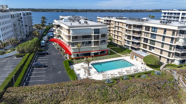 bird's eye view with a water view