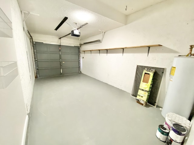 garage with a garage door opener and water heater