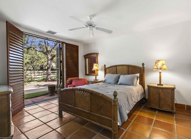 bedroom with access to outside, tile patterned floors, and ceiling fan