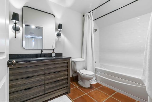 full bathroom featuring toilet, tile patterned floors, shower / bathtub combination with curtain, and vanity