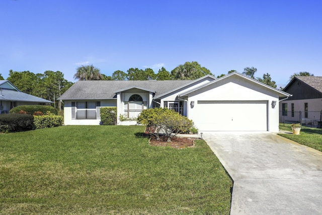 single story home featuring a garage and a front yard