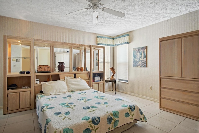 tiled bedroom with ceiling fan