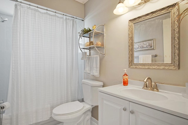 full bathroom featuring vanity, shower / tub combo, and toilet