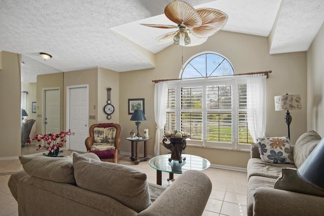 tiled living room featuring lofted ceiling and a textured ceiling