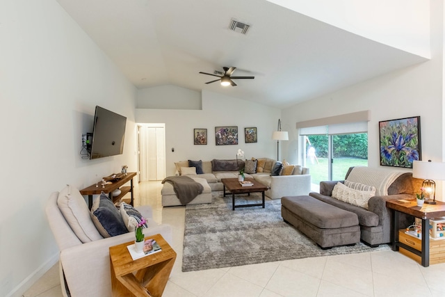 living room with vaulted ceiling, light tile patterned floors, and ceiling fan