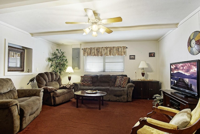 living room with ceiling fan, electric panel, beamed ceiling, and dark colored carpet