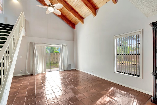 unfurnished living room featuring beamed ceiling, high vaulted ceiling, dark tile patterned floors, and wood ceiling