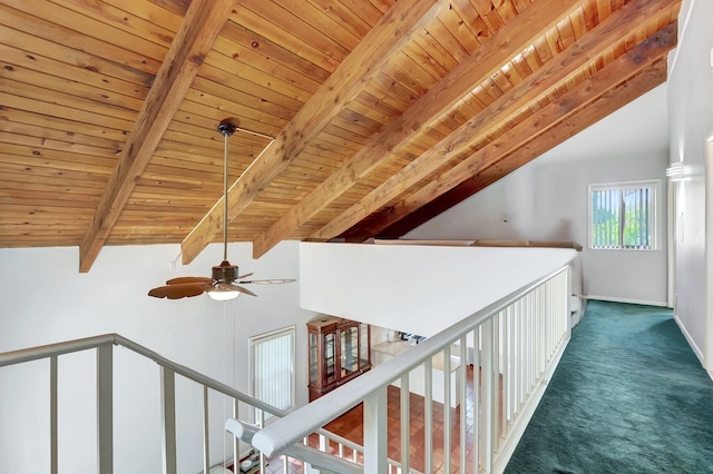 corridor featuring lofted ceiling with beams, wood ceiling, and dark carpet