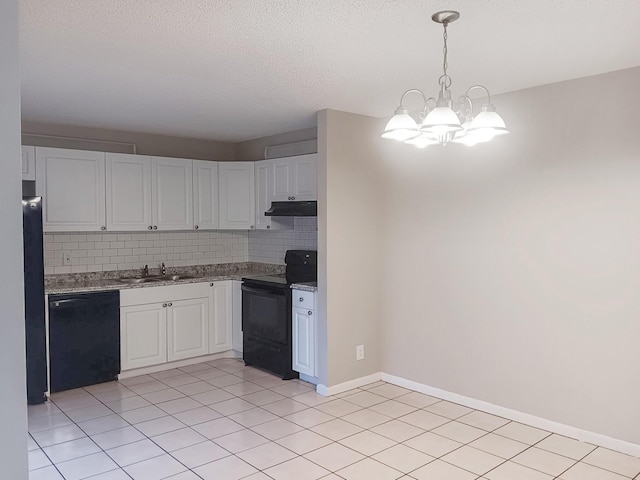 kitchen featuring white cabinetry, sink, decorative backsplash, and black appliances