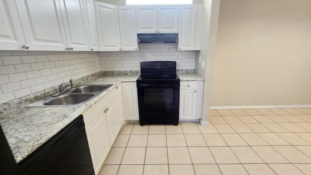 kitchen featuring sink, white cabinetry, tasteful backsplash, black appliances, and light tile patterned flooring