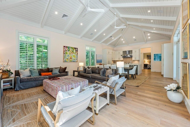 living room with ceiling fan, beam ceiling, high vaulted ceiling, wooden ceiling, and light wood-type flooring