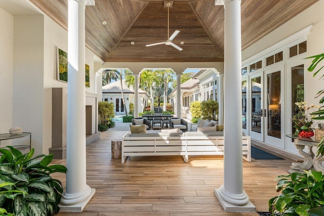 exterior space featuring french doors and ceiling fan